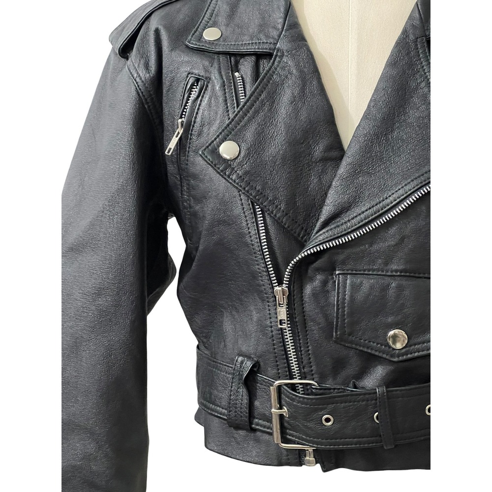 WILSONS BLACK LEATHER CROPPED MOTO JACKET BELTED XS - Picture 3 of 10